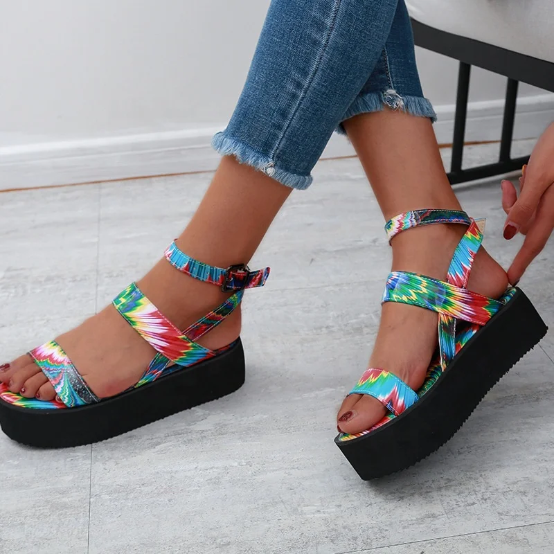 
Rainbow Vivid Bizarre Floral Tie Dye Open Toe Holiday Fashion Chic Flat-form Stylish Lady Summer Bohemian Strappy Gladiator 
