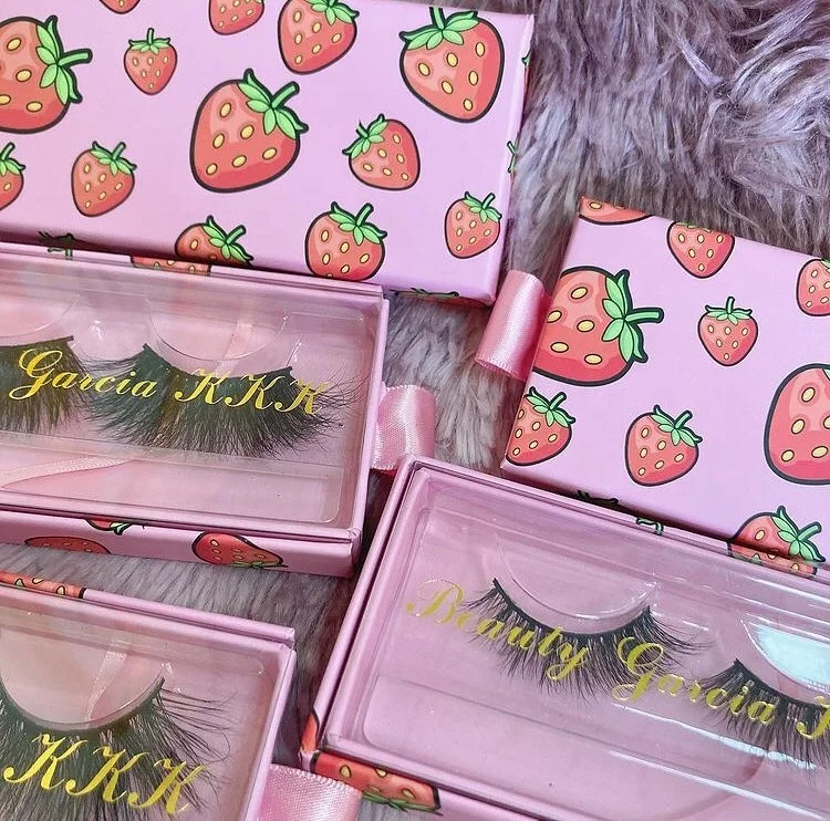 cute pink strawberry lash box private label hottest lashes 3D wholesale 25mm fluffy mink strip eyelash vendor customized boxes