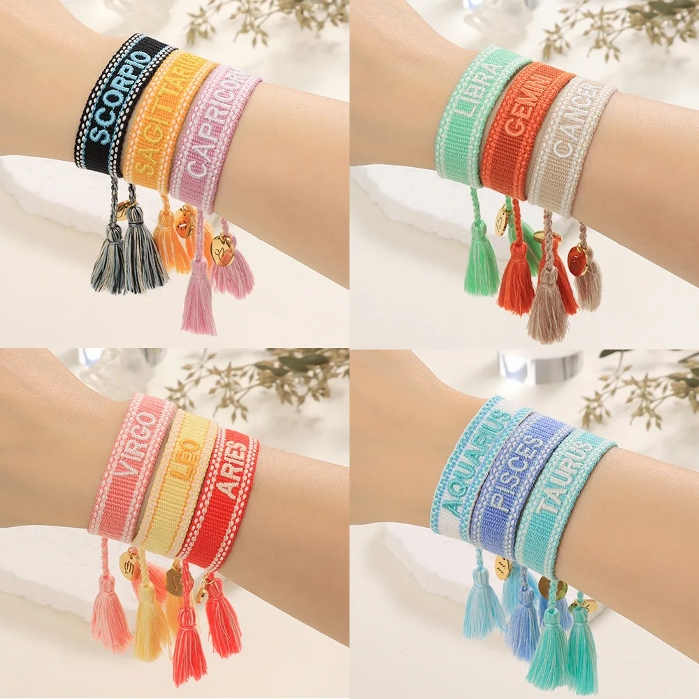 Bohemia zodiac embroidery handmade friendship braided wrap woven polyester thread woven tassel bracelet for women