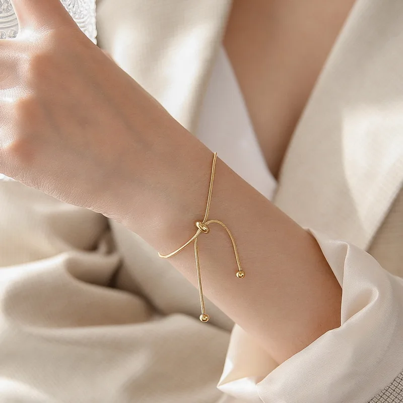 Simple Design Titanium Steel Pull-out Adjustable Bracelet Gold Color Snake Chain Bangle for Women Girls Beads Jewelry Gift