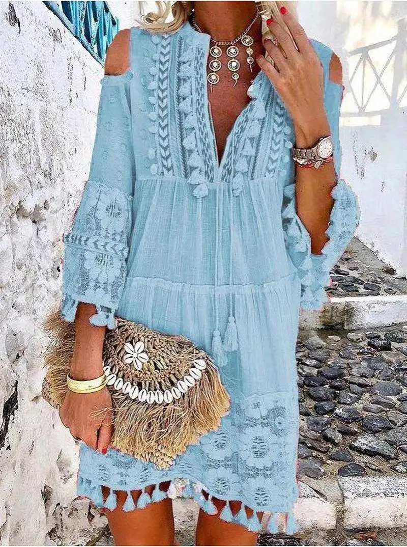 Causal 3/4 Sleeve V Neck Holiday Boho Dresses
