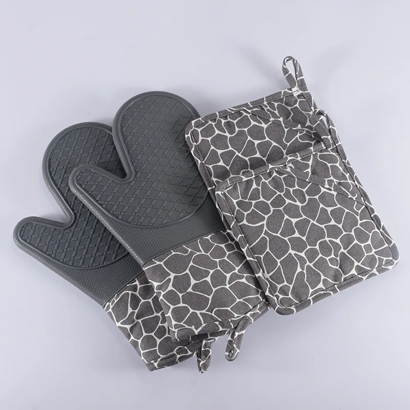 oven mitts pot holder set Heat Resistant Kitchen Cotton Lining Oven Gloves Non-Slip Silicone Cooking Baking Grilling