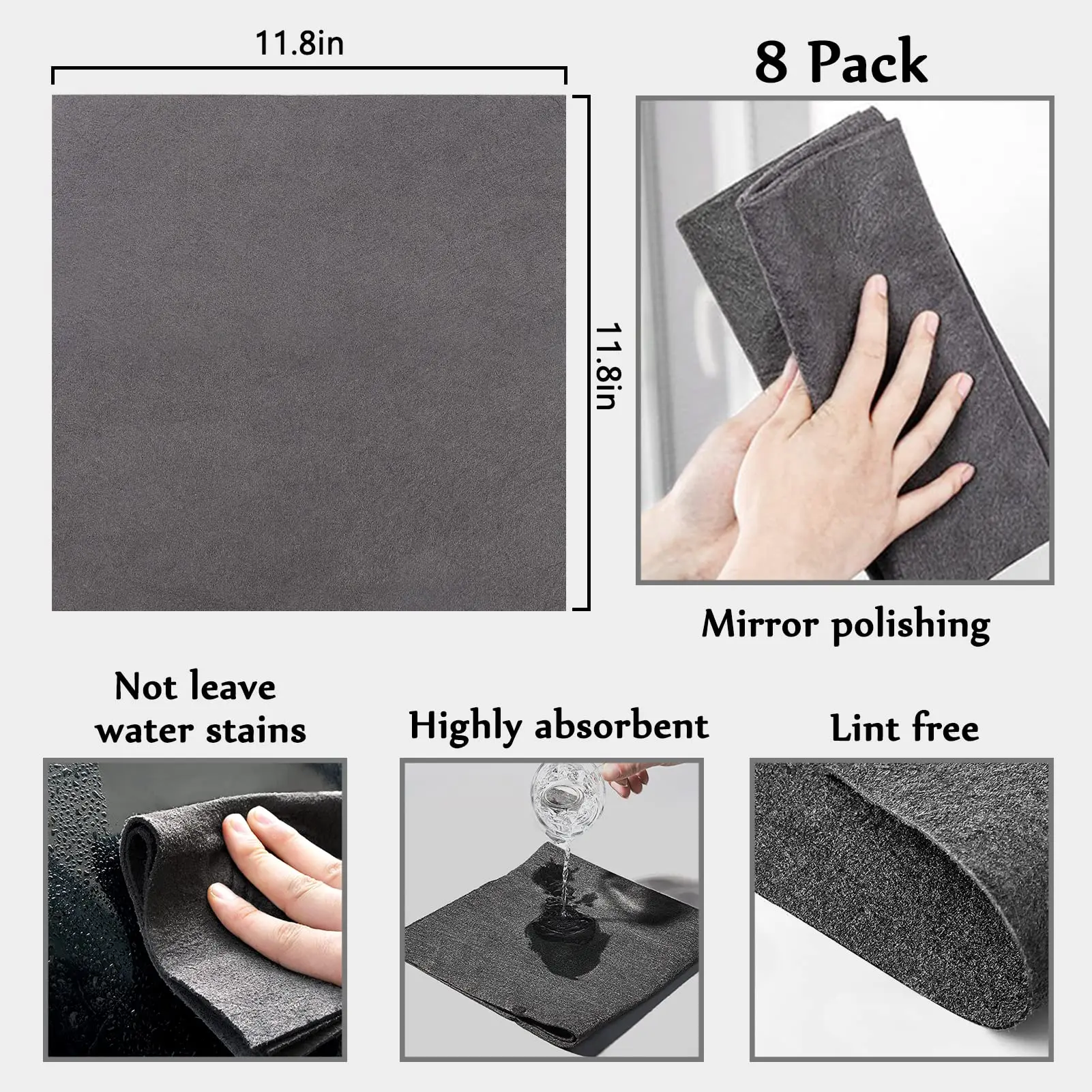 Thickened Magic Cleaning Cloth 8 Pcs Lint Free Cloth for Windows Mirror GlassCar Gray