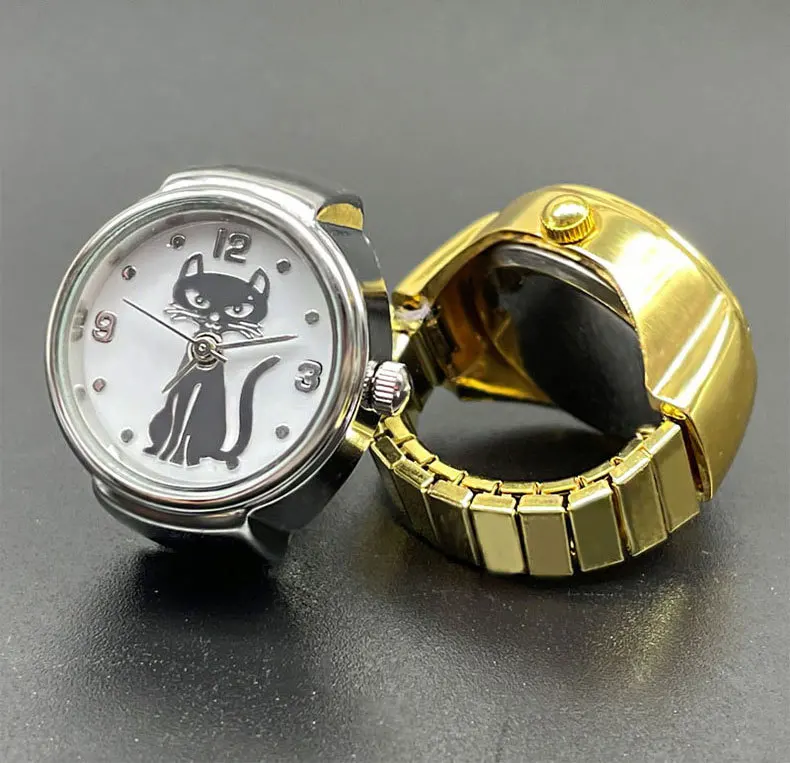 Small Dial Quartz Analog Finger Ring Watch for Women Cat Elastic Finger Digital Mini Vintage Clock Watch