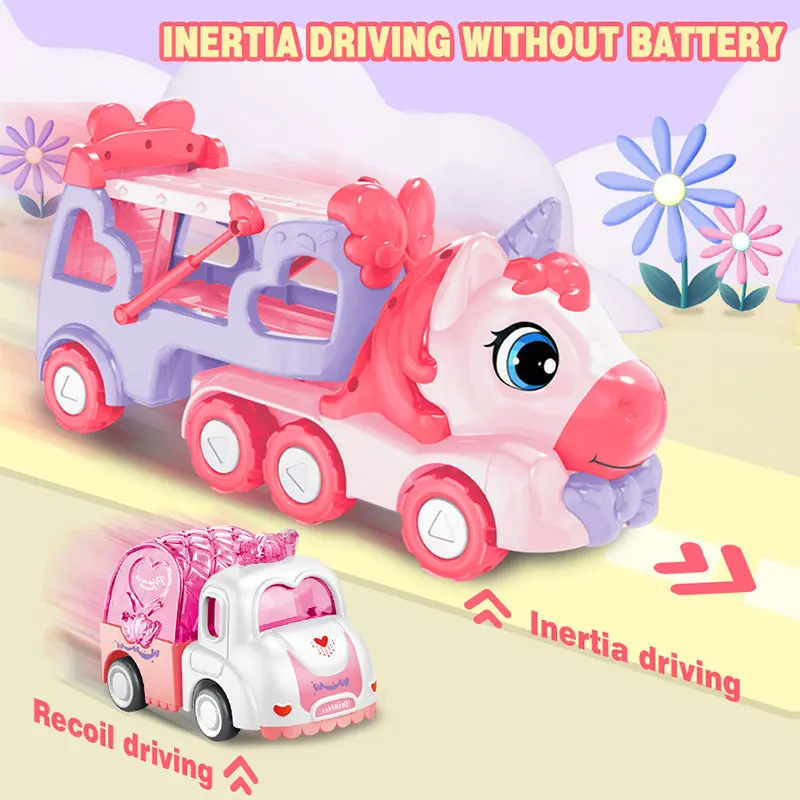 Girls Princess Gifts 5 In 1 Friction Cartoon Truck Unicorn Trailer Cars Motorcycle Transporter Carrier Vehicle Toys For Kids