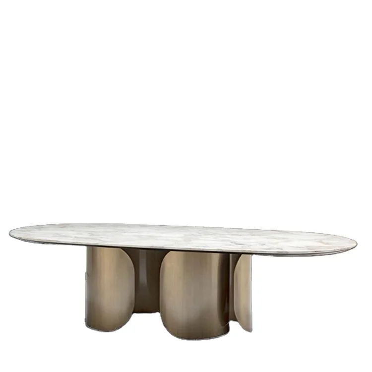 Modern Luxury Oval Dining Table Set with 8 Chairs Stone and Metal Design with Golden Steel Base for Marble Dining Room