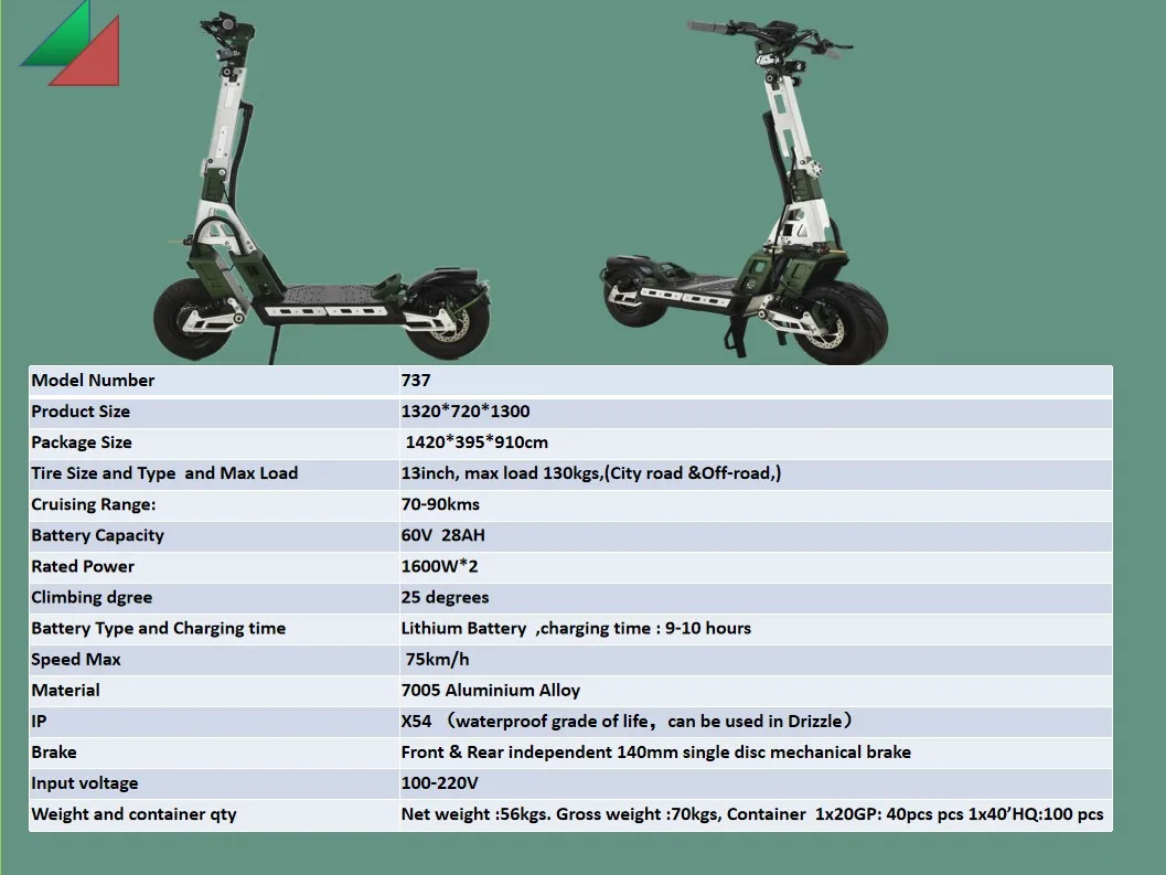 2022 foldable 13Inch 60V 3600W dual motor Off-Road kick Escooter 28ah long range fat tire Fast foldable electric scooter