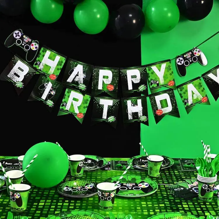 Hot sale decoration green video game party birthday party supplies disposable paper tableware set