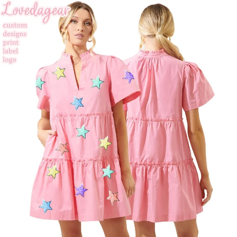 Lovedagear Custom Logo Pink Colorful Glitter Sequin Patch Dress For Women