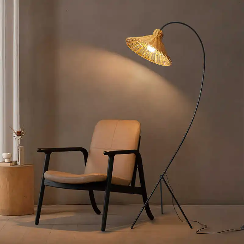 2024 New French Retro Simple Study Living Room Sofa Next to the Vertical Rattan Woven Floor Ambiance Lamp