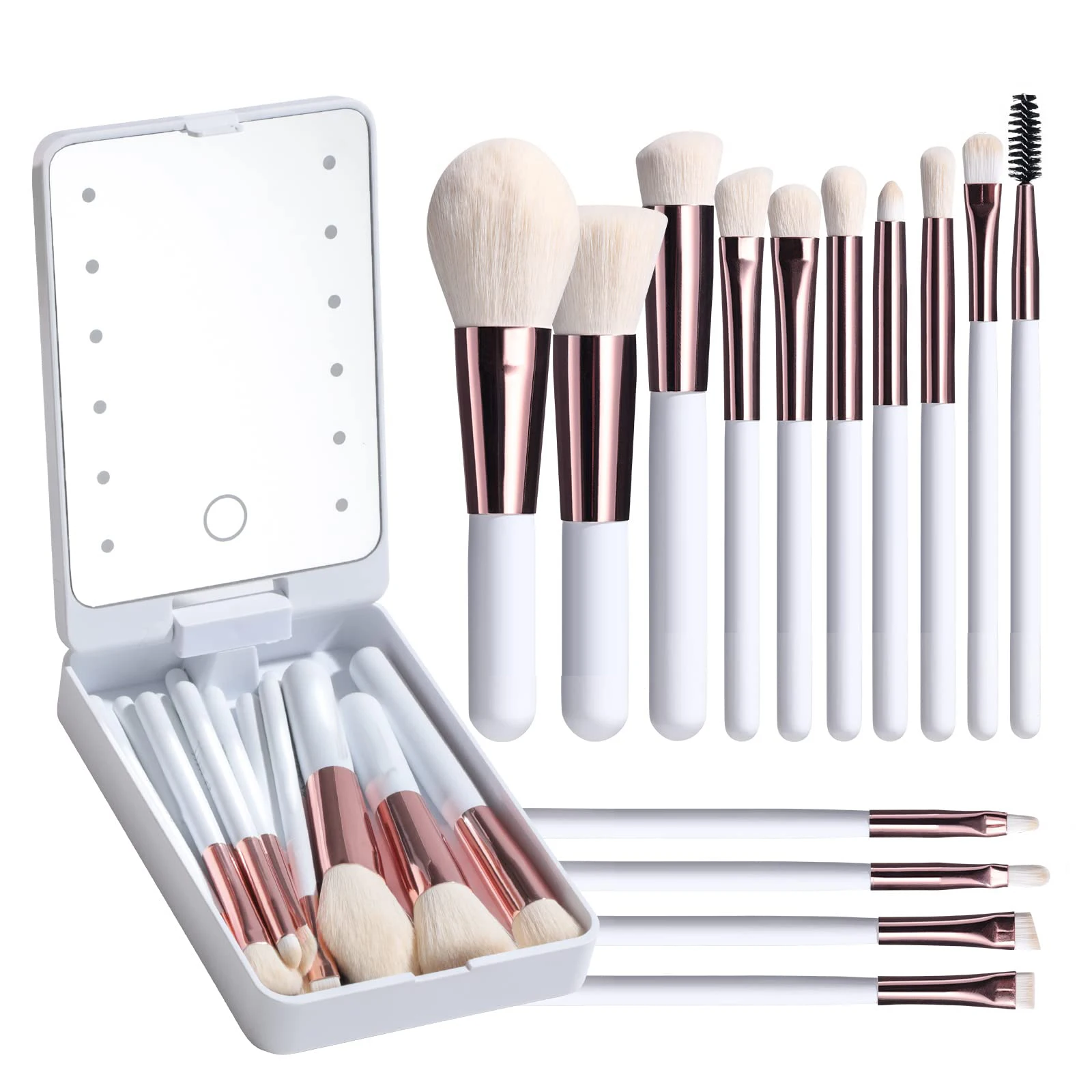 Private Label 14 Pcs Foundation Powder Concealer Eye Shadows Makeup Set Travel Mini Makeup Brush Set With LED light Mirror