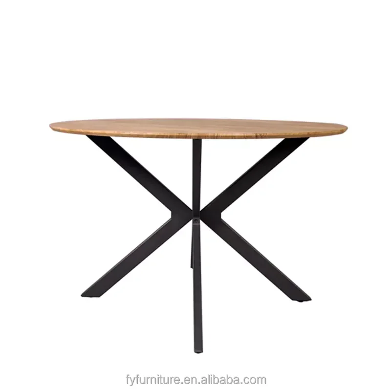 Scandinavian Rustic Style Round Wooden Tabletop Dining Table with Metal Legs for Hotel Dining Room