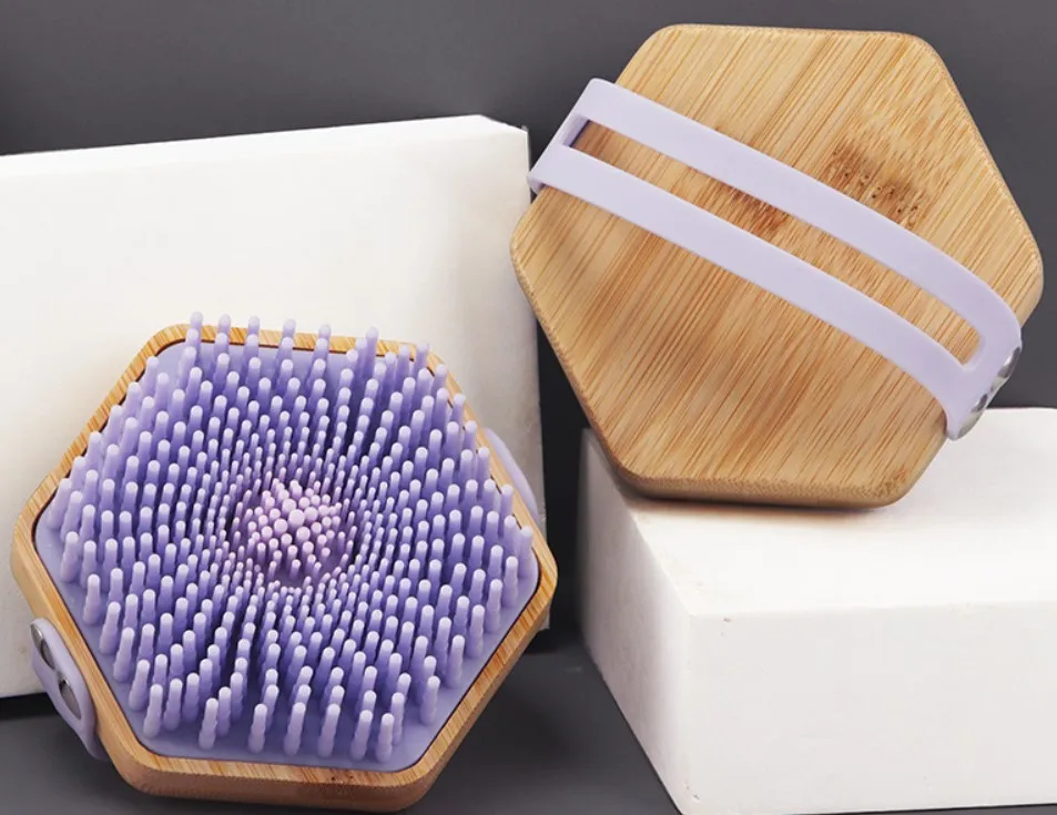CM Hexagonal Solid wood handle brush in silicone hair bath and body Massage And Wash Hair Tool