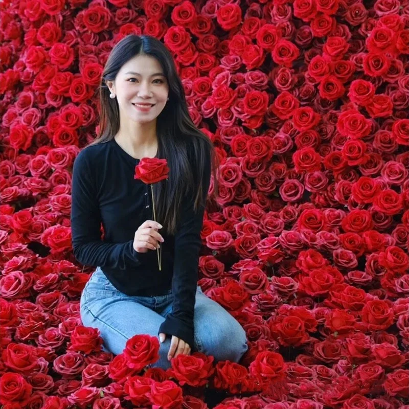 KEWEI 094 Artificial Flower Single Velvet Red Rose Waterfalls Fabric Burgundy Rose Dark Red Faux Velvet Flower