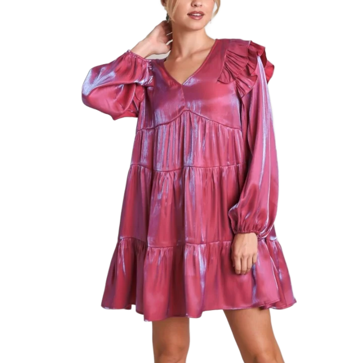 WINGTU Custom Private Label Ruffle Long Sleeves Shiny Metallic Tiered Women Mini Dress
