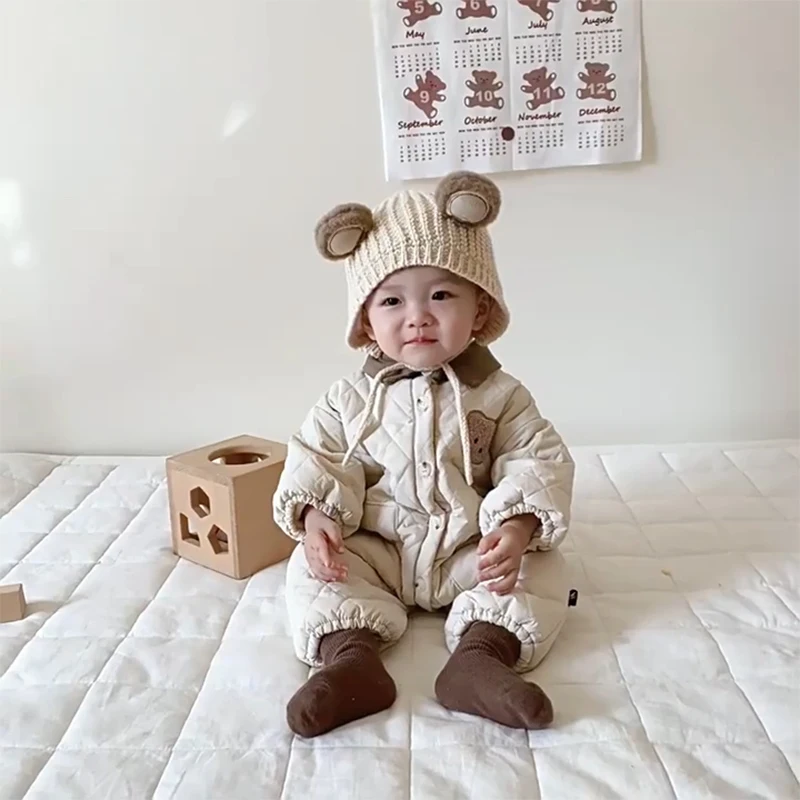 ins24 Winter Korean version baby lapel quilted thick crawling suit for boys and girls baby bear with wool thick onesie winter