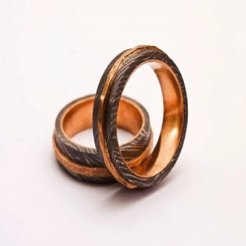 Damascus Steel Twist Pattern Ring With Anodized Titanium exterior brass Sleeve Custom Made