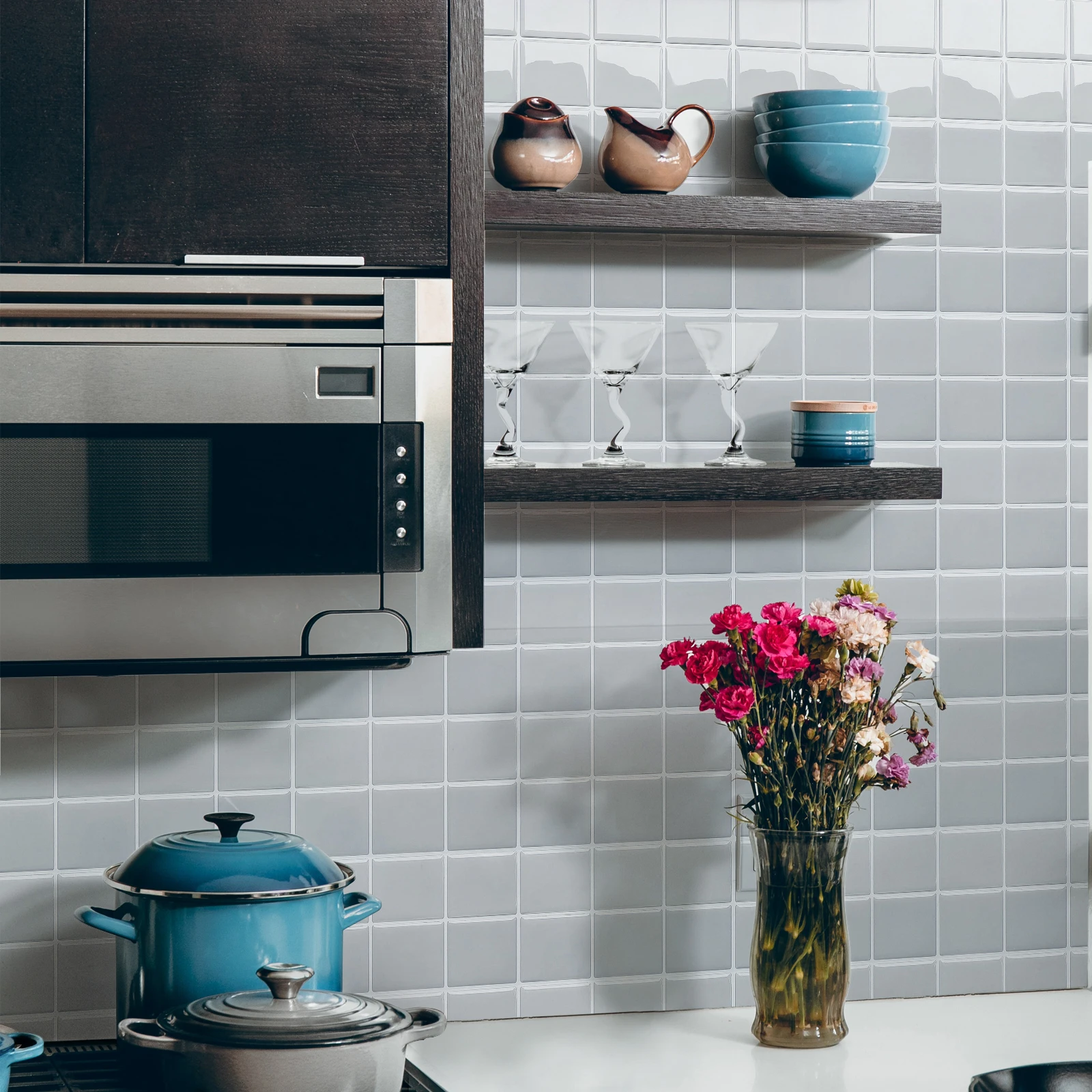 Minimalist 3D Grey Remavoble Peel and Stick Vinyl Wall Square Mosaic Tile Self-Adhesive Stickers for Kitchen Bathroom