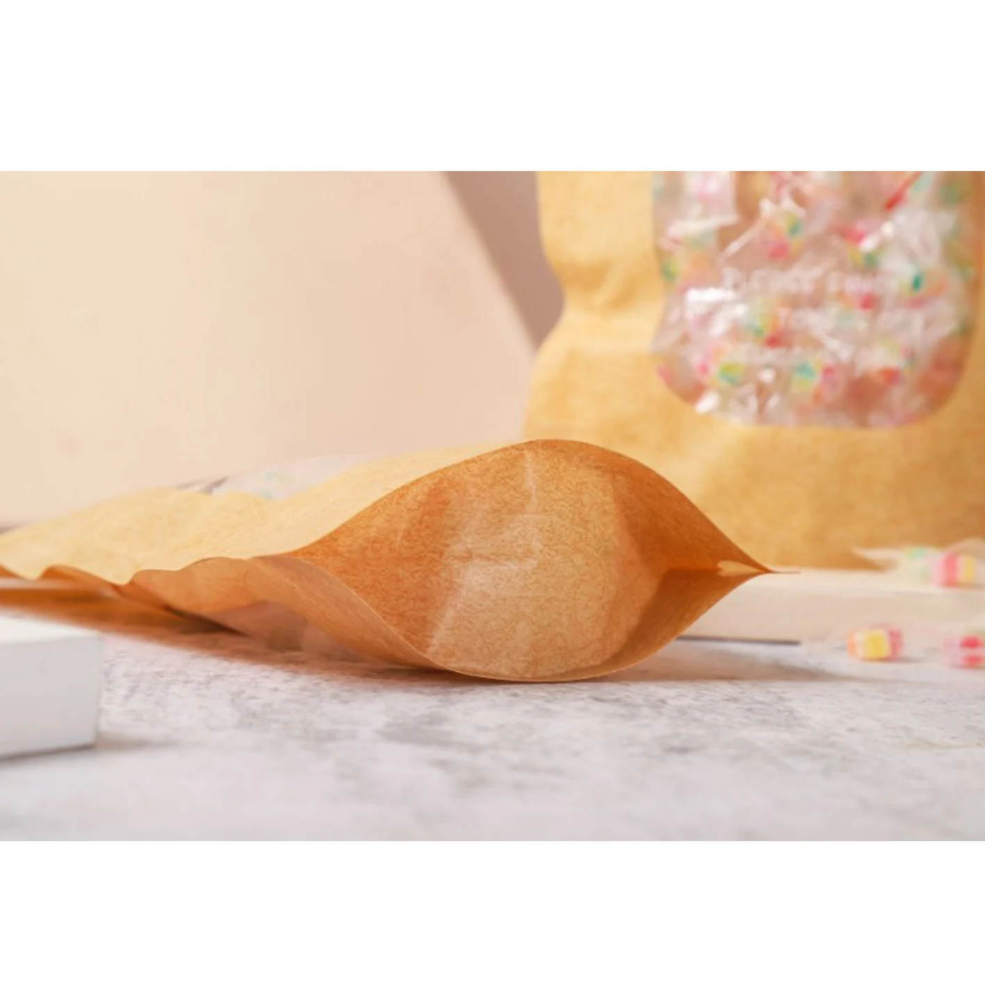 Stand upkraft paper mylar bags with zip lock window for snack,coffee,bacon,peanut