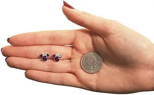 Top Fashion Di.sney Minnie Mouse Stud Earrings Faux Amethyst Birthstone Pendant Silver Plated Women Jewelry