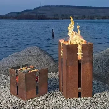 Уличный кубический кортеновый стальной костровый гриль для барбекю
