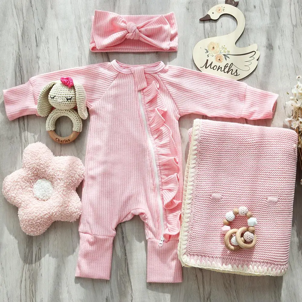 Custom OEM Newborn Infant Toddler Girls Clothes Solid Color Waffle Organic Cotton Ruffle Baby jumpsuit with zipper