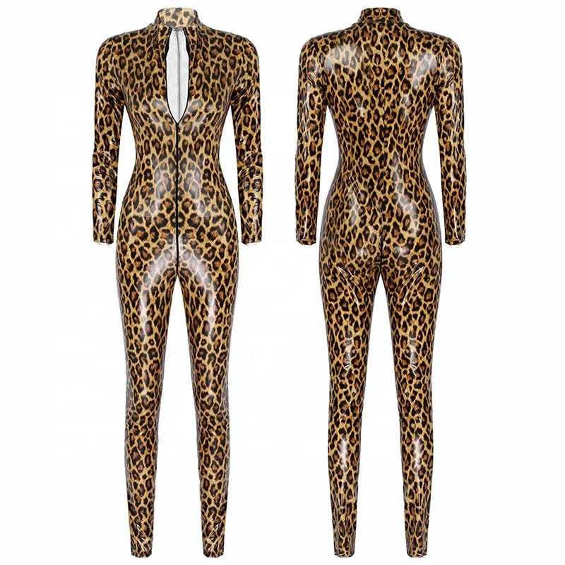 Womens Fetish Jumpsuits Wetlook Leopard Latex Catsuit Stretch 2 Way Zipper PU Leather Bodysuit Cat Suit Black Overalls