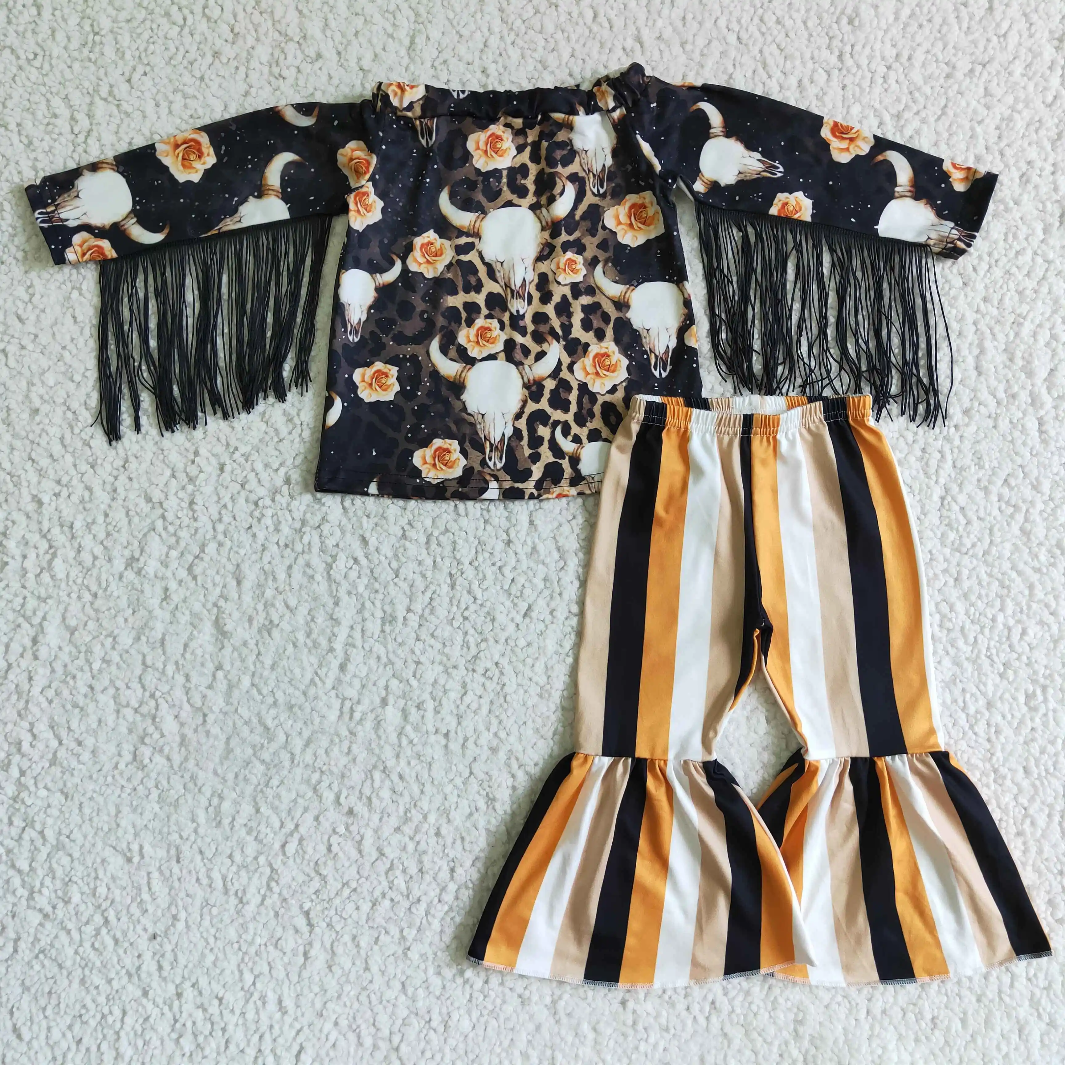 Fashion RTS baby girl clothes boutique kids clothing floral cow print one shoulder tassels girls western outfits girls sets