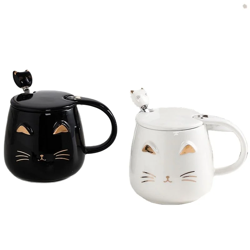 
Cute cat cup creative cartoon ceramic cup with cover personality trend mug with spoon simple couples water cup gift set 
