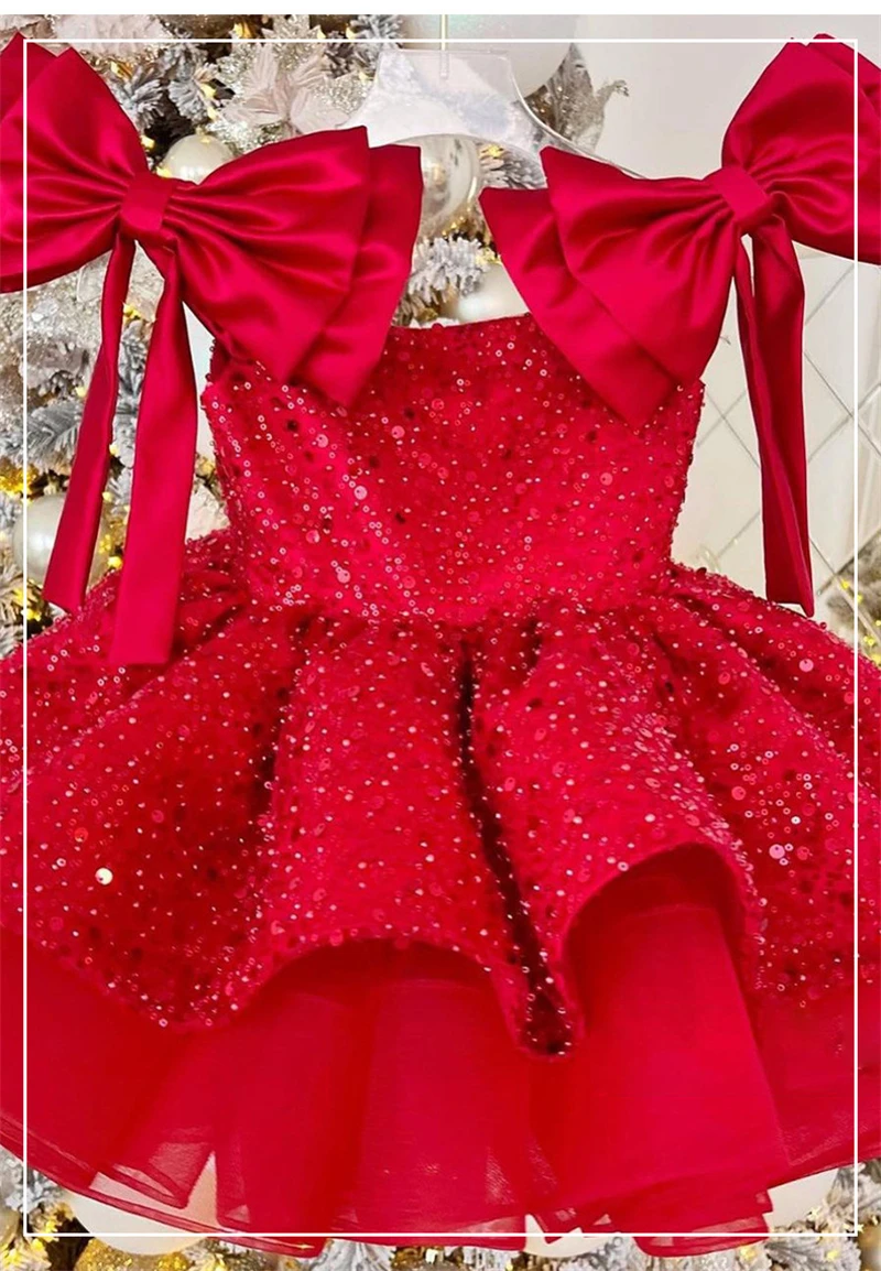2024 Newest Children Christmas Party Prom Gown One Shoulder Bow Princess Sequin Puffy Dresses Baby Girls Ball Gown