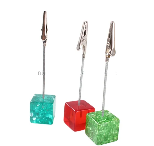 Custom LOGO desktop Cube Resin Base Stainless Steel Wire Card Note Holder Photo Holder Memo Clip