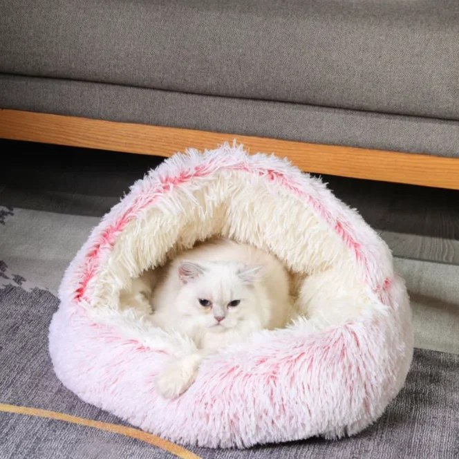 Pet Cat Bed Round Plush Fluffy Hooded Cave Cozy for Indoor Small Dog Beds Doughnut Calm Anti nxiety