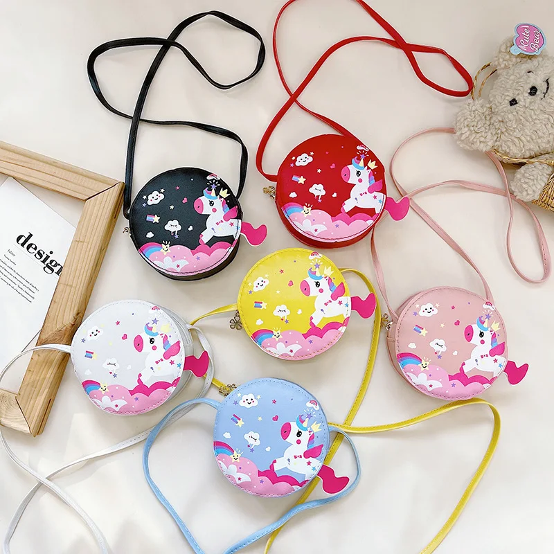 2022 cartoon rainbow horse printed unicorn round lovely baby kids purse mini handbags