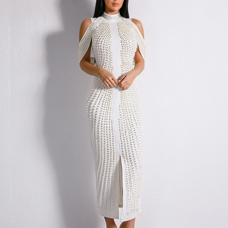 Sexy Falling Shoulder Pearl Bead Elegant Female Dress Small Split Evening Dress