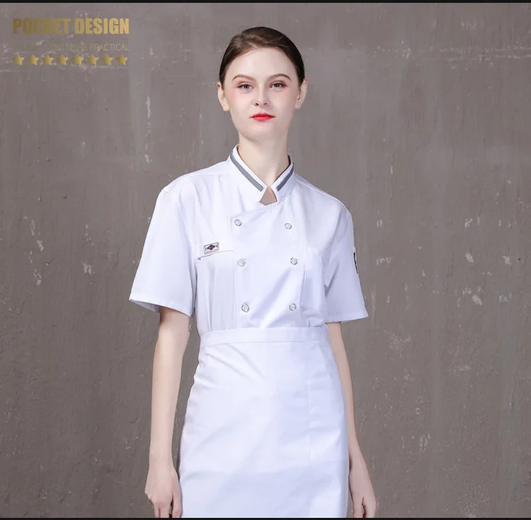 2020 Unisex Short Sleeves Double-Breasted Hotel Kitchen Restaurant Uniform Cook Chef Jacket Coat