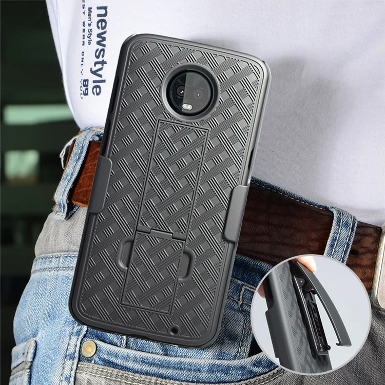 Chinese suppliers hard PC dual layer phone case for moto Z3 Play weave pattern holster combo case