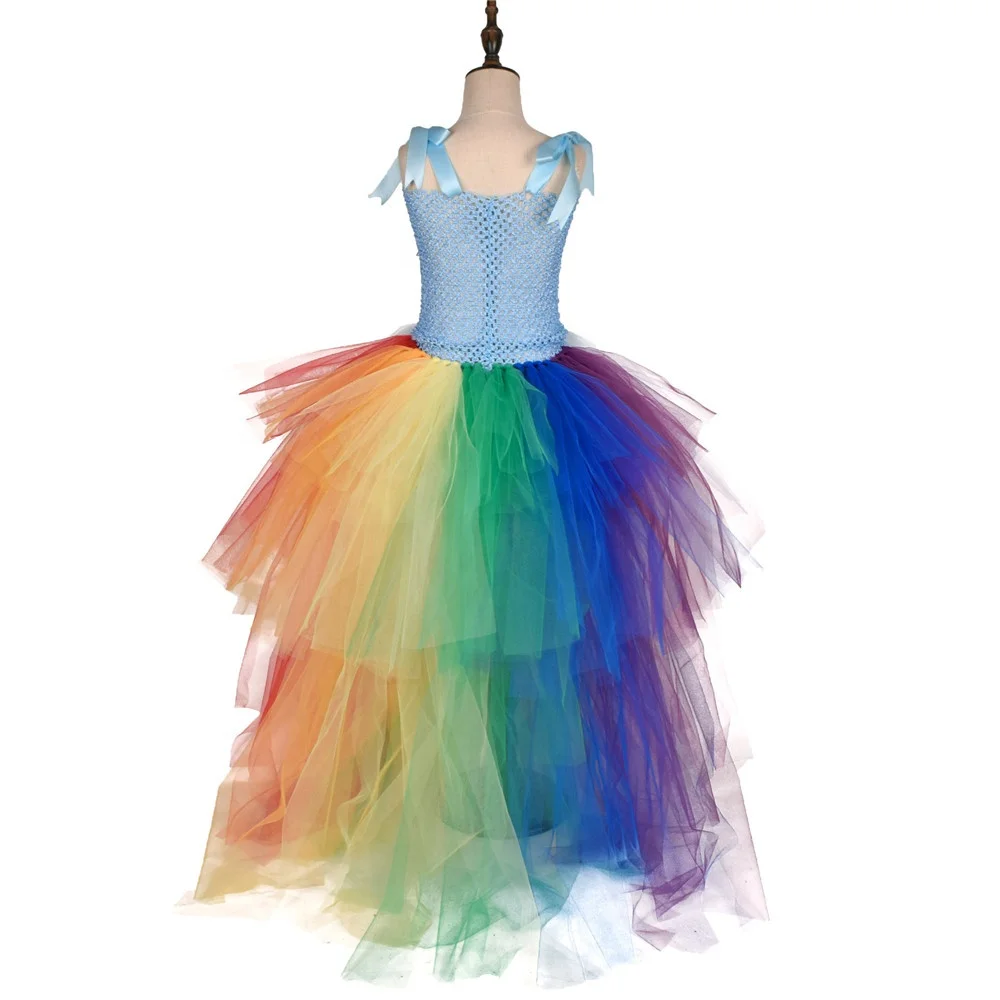 Long Trailing Unicorn Bustle Tutu Dress Girls Rainbow Birthday Party Photo Dresses Kids Perform Costume For Special Holidays