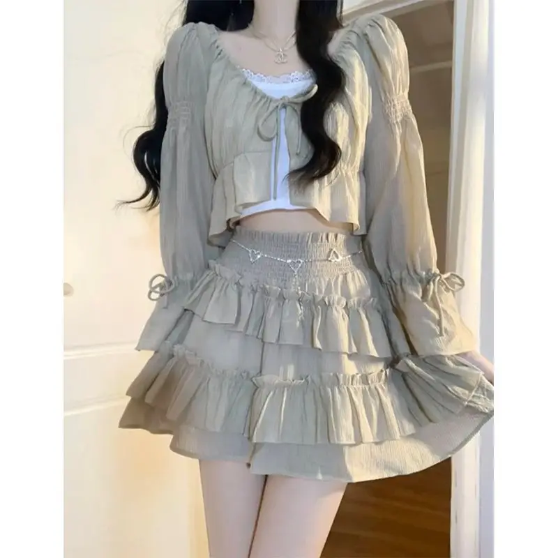 2024 Spring 3 Pieces Skirt Set Women Y2k Crop Tops T-shirt + Cake Skirts Japanese Kawaii Fashion Suits Chic Outwear Korean