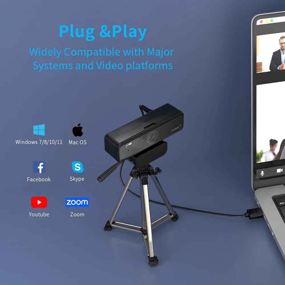 V11 Portable 1440p Online Webcam Auto Face Tracking Conference Camera with 4-element MEMS microphone array