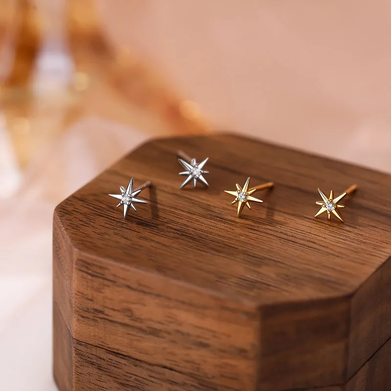 Korean Design S999 Sterling Silver Clear Zircon Star Shape Stud Earrings Girls Fine Jewelry Gifts