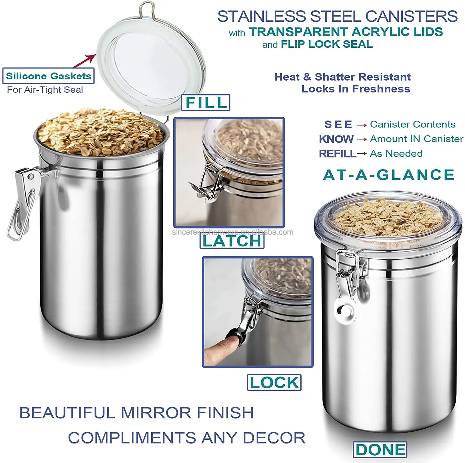 Dishwasher safe 5 Inch Stainless steel canister sets metal tea coffee sugar storage jars canisters