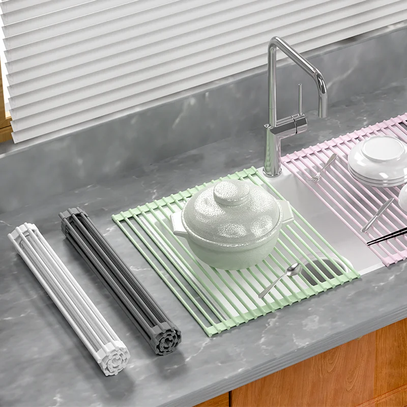 1pc Silicone Drain Rack, Sink Multifunctional Insulation Washing Vegetable Mat, Silicone Drain Curtain, Bowl And Dish Drain Rack