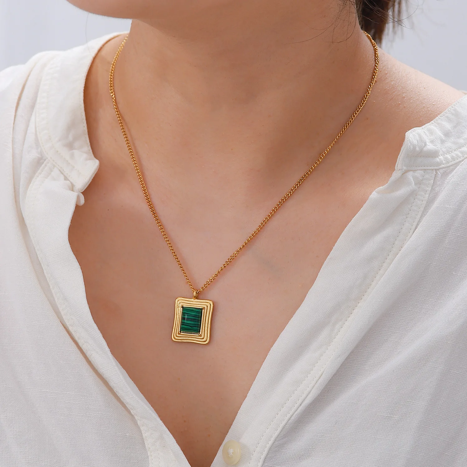 Vintage green malachite inlaid necklace earrings Ring bracelet 18K gold stainless steel jewelry for women