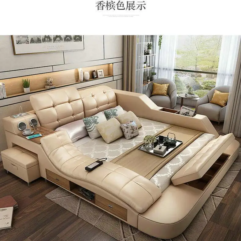 
Guangdong furniture modern massage bed wireless audio speaker king size pillow leather multifunctional bed With stool 
