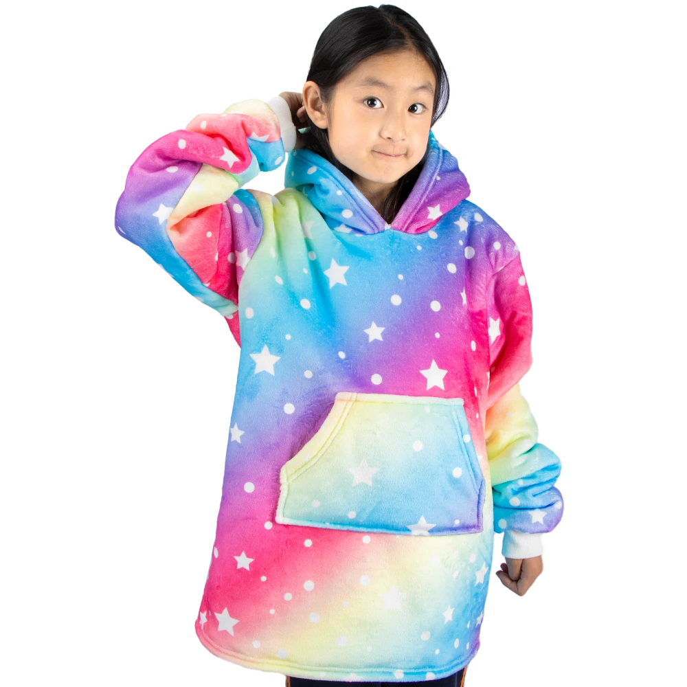 OEM ODM Zipper Cozy Warm Flannel Sherpa Wearable Jumper Hooded Blanket Kids Hoodie