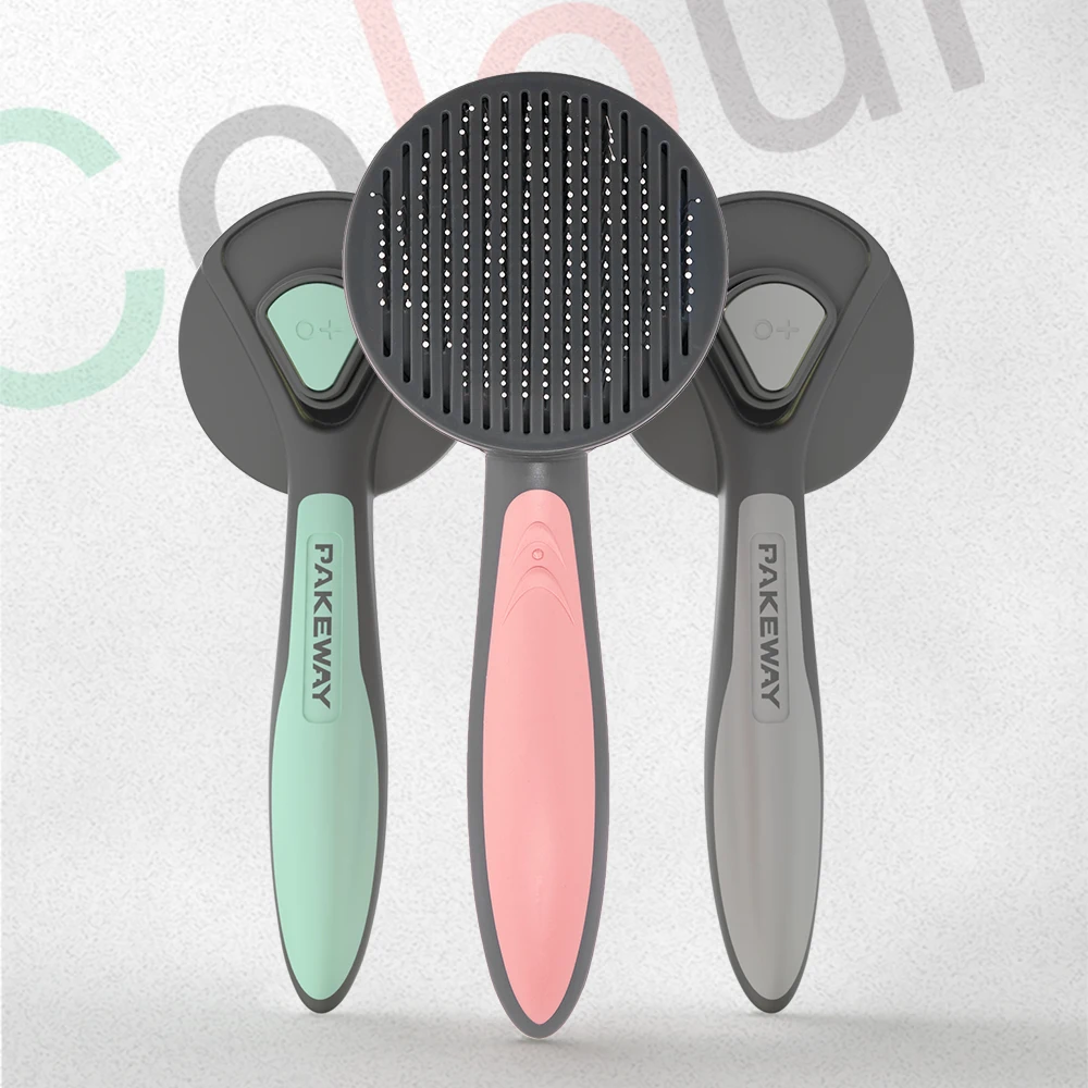 PAKEWAY T9 Self Slicker Pet groom brush Comb Dog Brush Cat Comb with self clean button with massage bead
