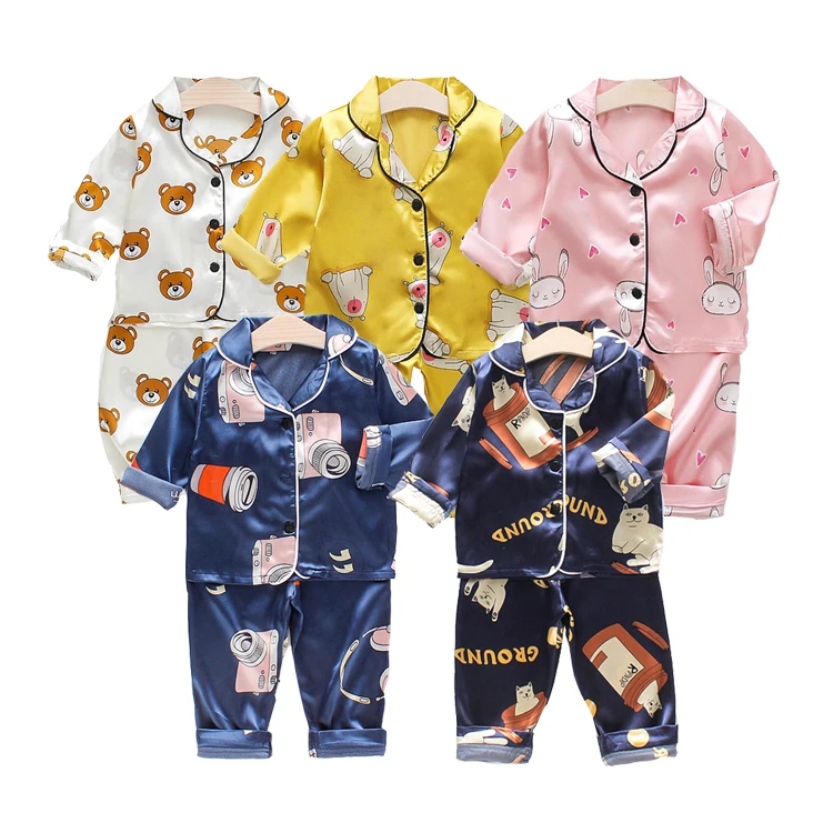 Fall Children Boys Girl Cartoon Bear Silk Satin Sleepwear Nightwear Print Animal Cartoon Pajamas For Kids