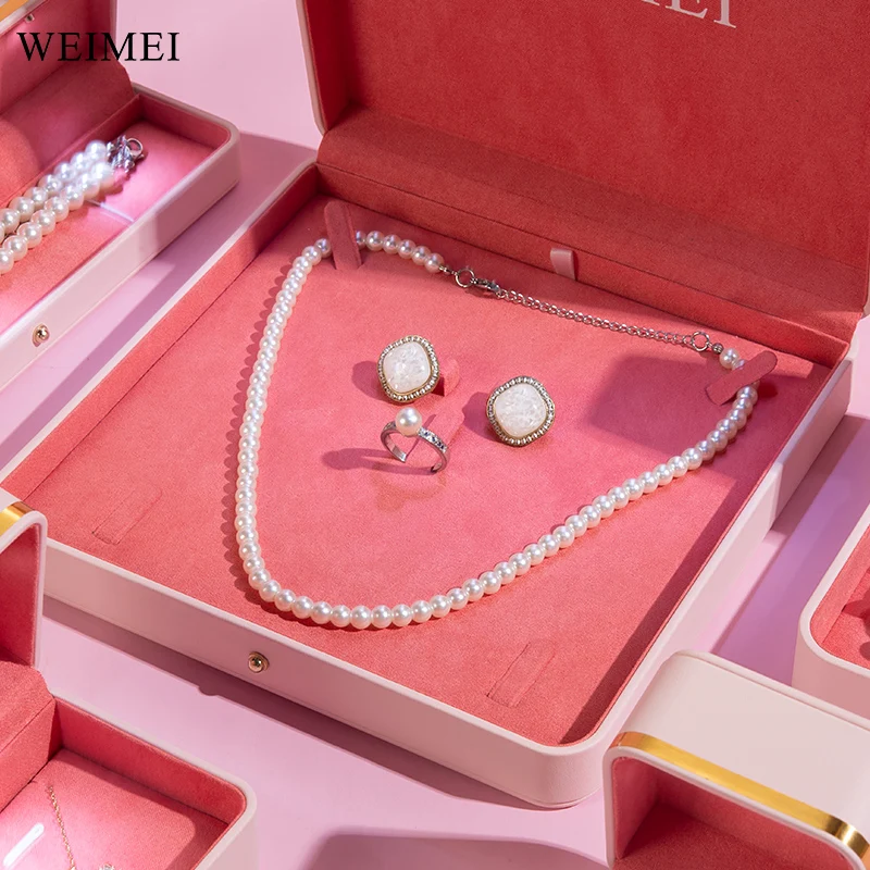 WEIMEI Luxury Pink Boxes Jewelry Ring Necklace Custom LED Pu Leather Packing Jewelry Set Box with Logo Engagement