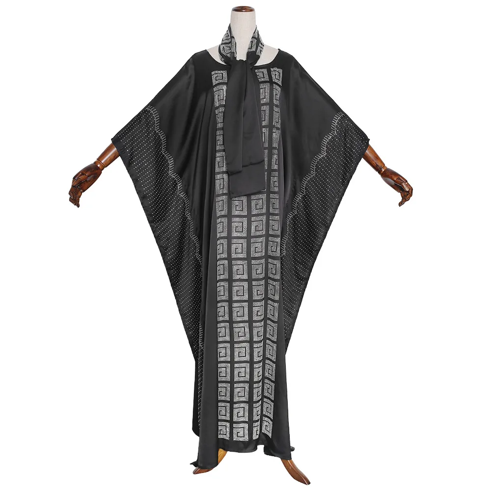 S8072 African Hot Drilling Lady Dress Beaded Satin Robe Long Party Dresses With Headscarf Women Clothing