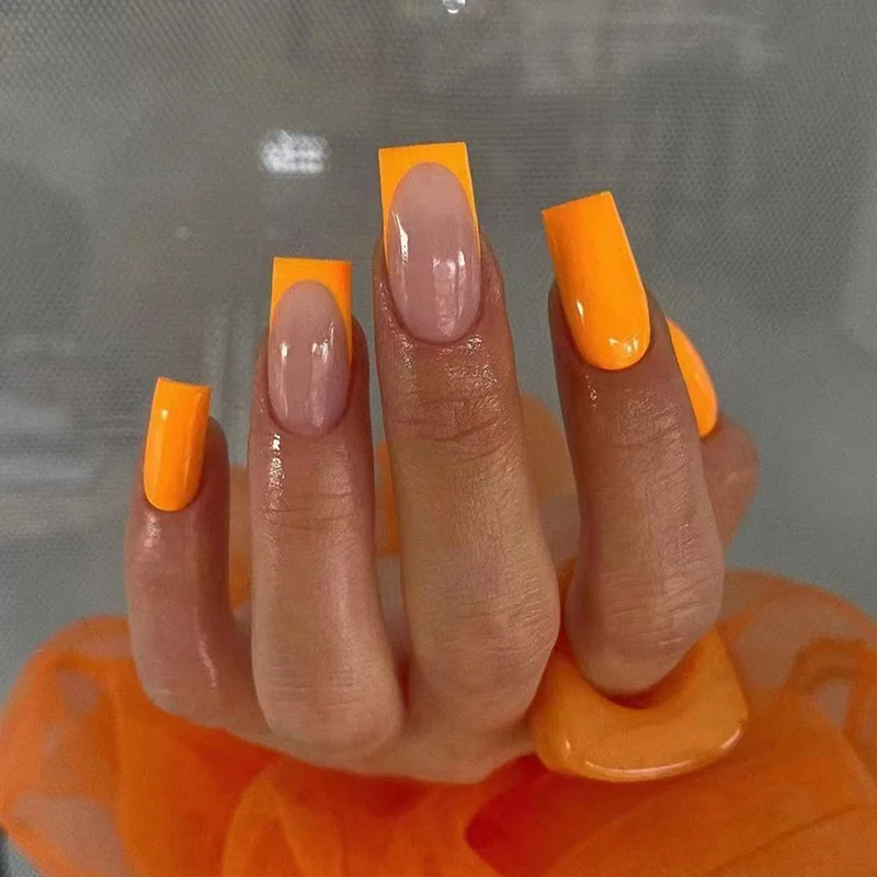 Factory Custom Spring & Summer 24pcs/box False Finger Nail Tips Full Cover French Short Orange Art Designed Press On Nails